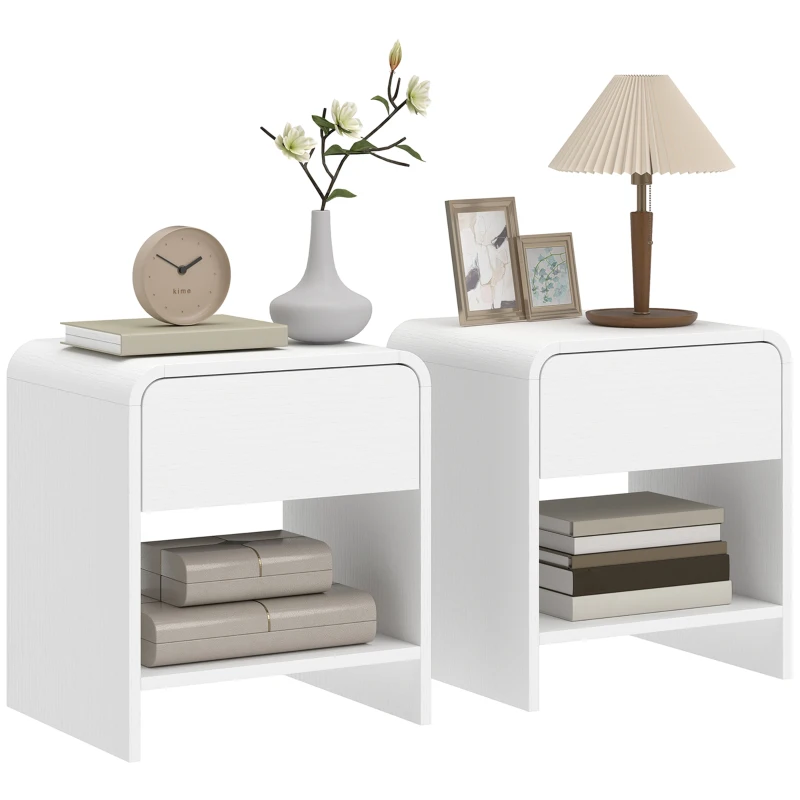 HOMCOM Nightstand Set of 2, Modern Bedside Table with Rounded Corners, Nightstand with Drawer and Open Shelf, Distressed White