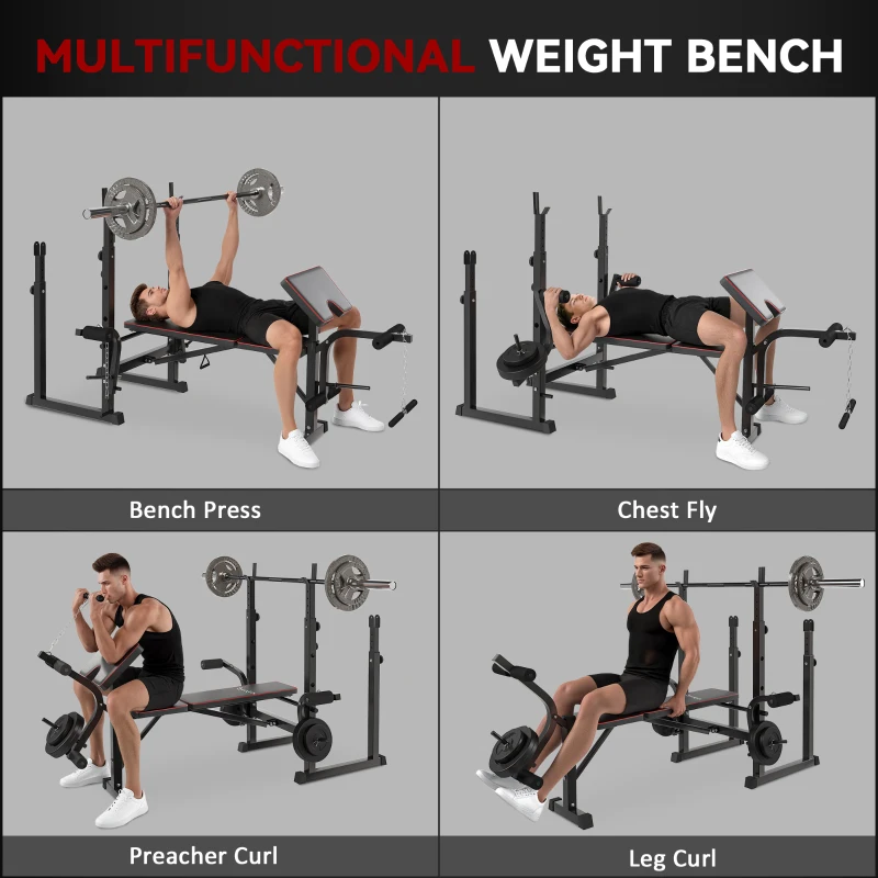 Soozier Weight Bench with Barbell Rack, Preacher Curl Bench, Leg Curl Machine for Home Weight Lifting Strength Training