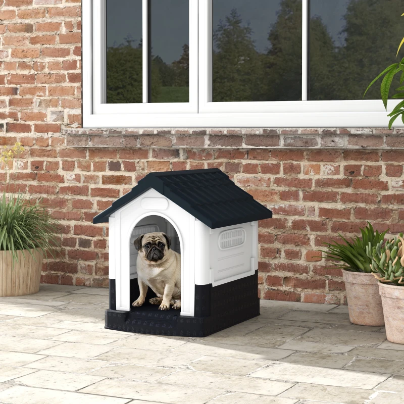 PawHut Outside Dog Kennel House with Windows, Base Support, for Garden Patio, Miniature Dogs, 64.5 x 57 x 66cm, Dark Grey