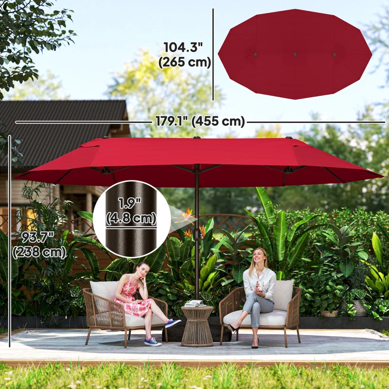 Outsunny 15' Outdoor Patio Umbrella with Twin Canopy Sunshade Steel Table Umbrella with Lift Crank, Cross base, Sandbag, Wine Red