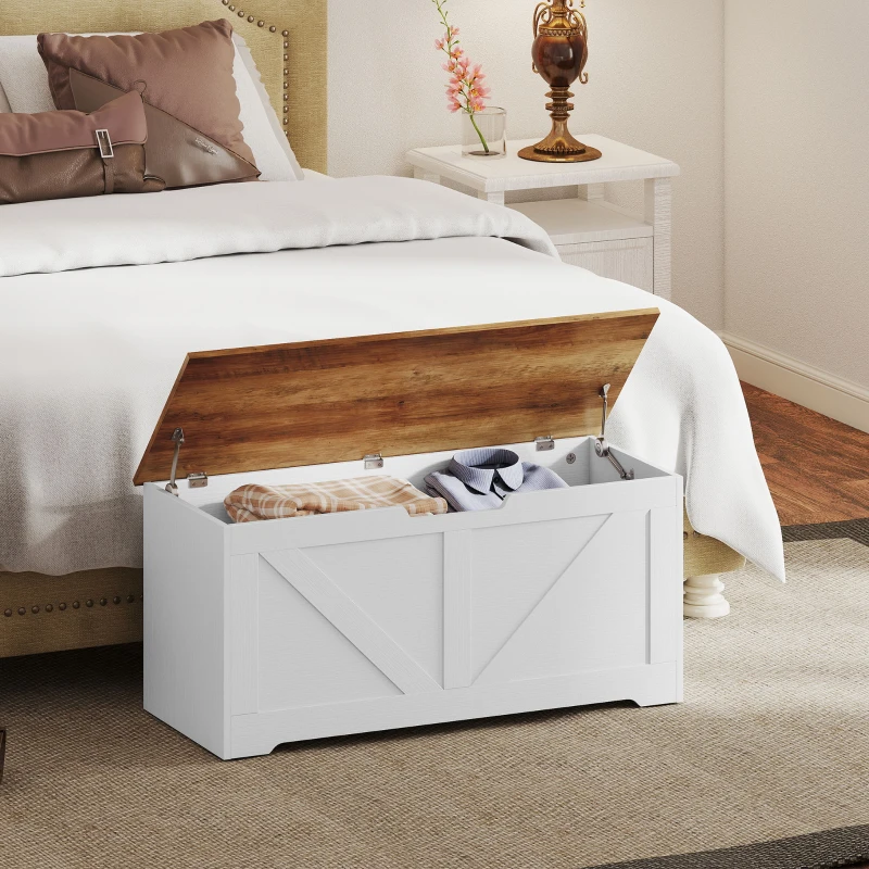 HOMCOM 39.4 Inches Storage Chest, Storage Trunk with 2 Safety Hinges for Living Room, Brown and White Wood Grain