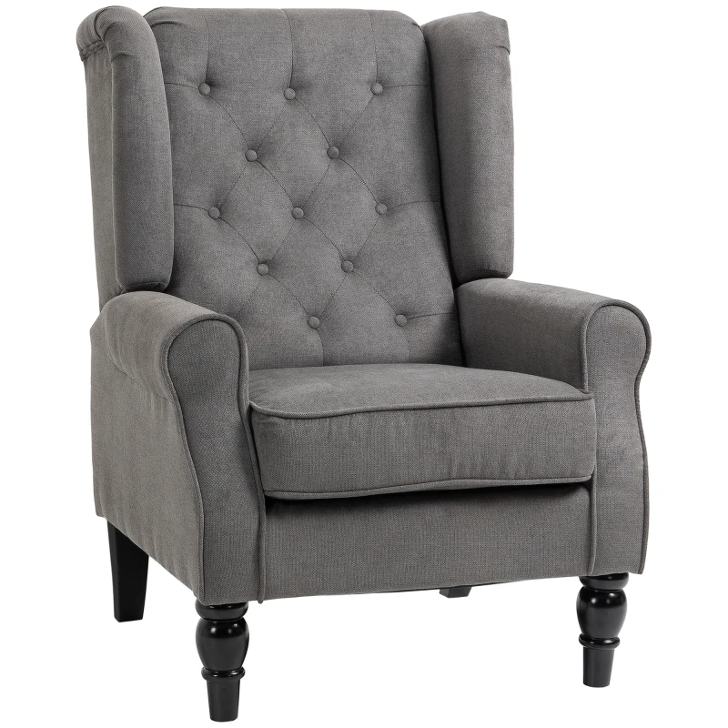 HOMCOM Wingback Accent Chair for Living Room, Button-Tufted Lounge Chair with Round Armrests and Wood Legs, Dark Gray