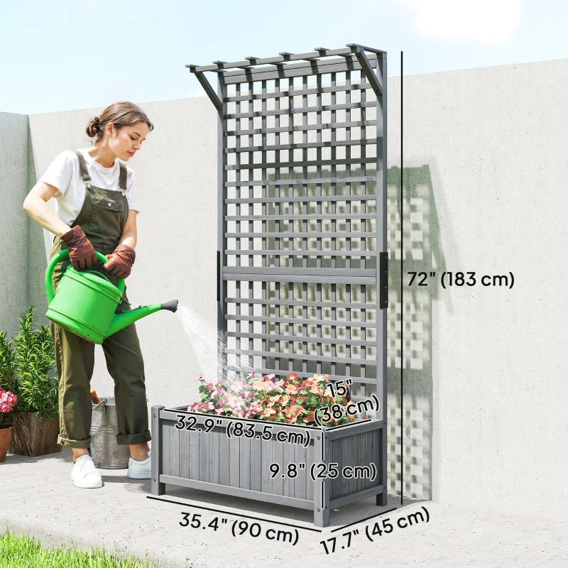 Outsunny Wood Planter with Trellis for Vine Climbing, Raised Garden Bed, Privacy Screen for Backyard, Patio, Deck, Dark Grey