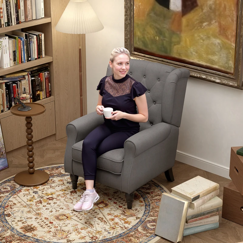 HOMCOM Wingback Accent Chair for Living Room, Button-Tufted Lounge Chair with Round Armrests and Wood Legs, Dark Gray