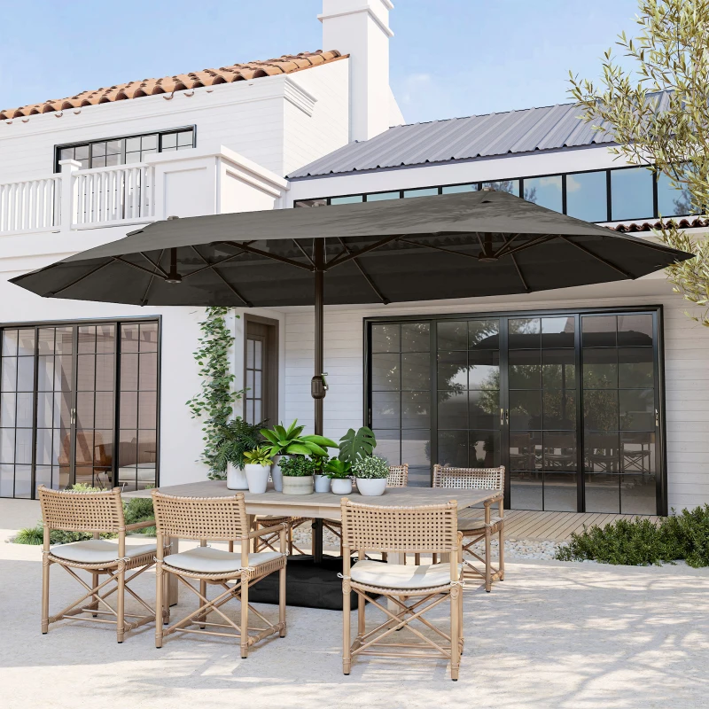 Outsunny 15' Outdoor Patio Umbrella with Twin Canopy Sunshade Steel Table Umbrella with Lift Crank, Cross base, Sandbag, Dark Grey