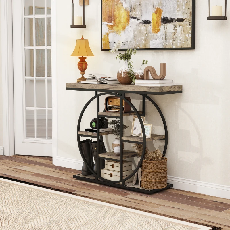HOMCOM 39.4" Console Table with Storage Shelves, Industrial Sofa Table for Living Room, Hallway, Rustic Brown
