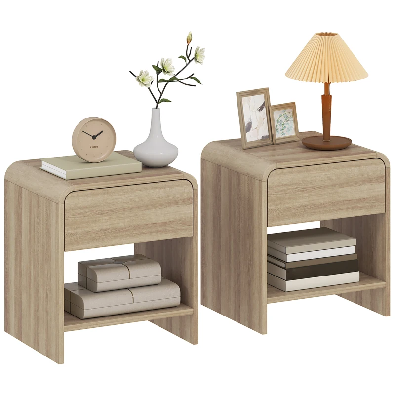 HOMCOM Nightstand Set of 2, Modern Bedside Table with Rounded Corners, Nightstand with Drawer and Open Shelf, Natural Wood