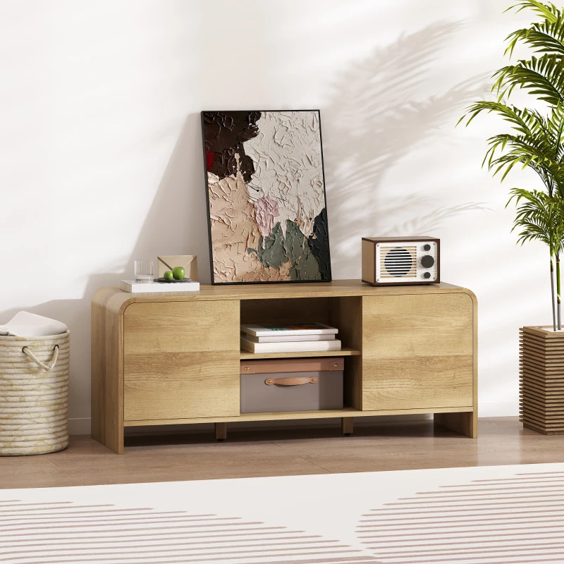 HOMCOM TV Stand for up to 55 Inch TV, Nordic Entertainment Center with 2 Cabinets and 2 Open Shelves for Living Room, Natural Wood