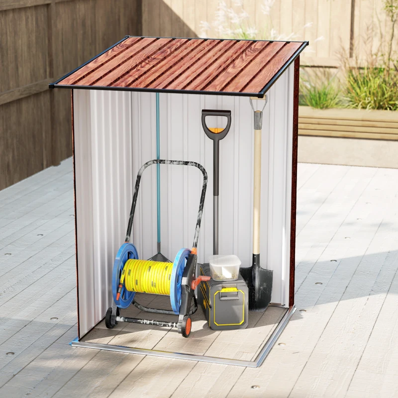 Outsunny 3.3' x 3.4' Lean-to Garden Storage Shed, Outdoor Galvanized Steel Tool House with Lockable Door for Patio, Teak