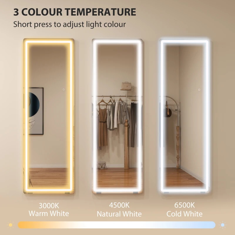 HOMCOM LED Full Length Mirror, Standing Body Mirror with 3 Colour Lighting for Bedroom Living Room