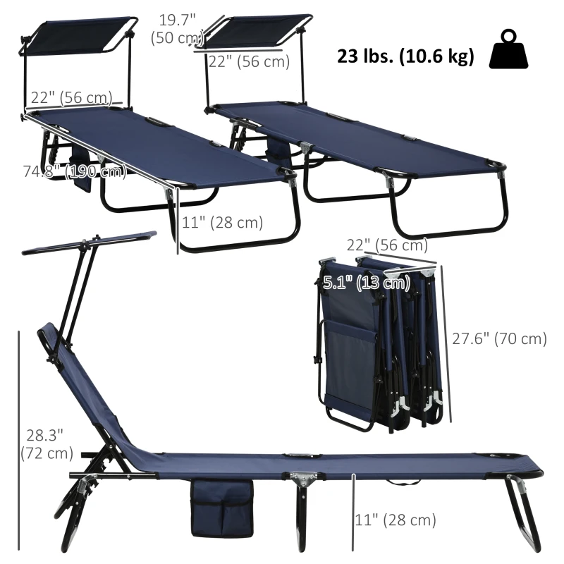 Outsunny 2 Piece Folding Outdoor Chaise Lounges, Pool, Sun, Tanning Chairs with Reclining Back, Sunshade for Beach, Patio, Blue