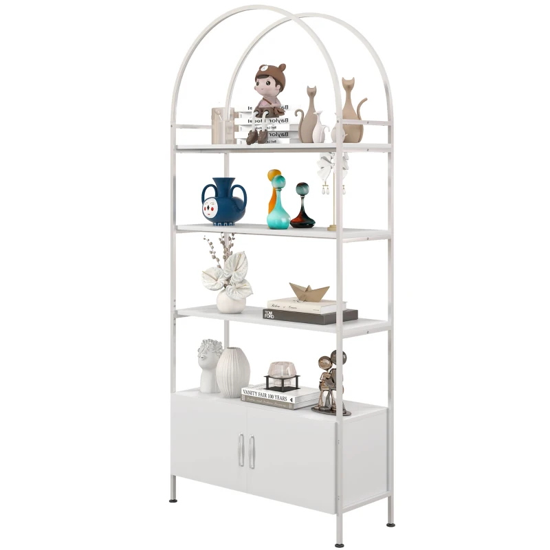 HOMCOM 4-Tier Arched Shelving Unit with Cabinet, Bookshelf for Living Room, Office, 31.5" x 11.8" x 73.6", White