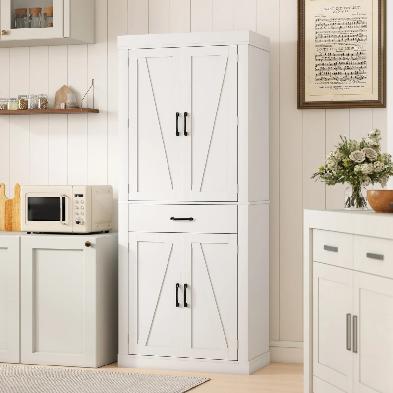 HOMCOM 72" Kitchen Pantry Cabinet, Farmhouse Kitchen Storage Cabinet with 4 Barn Doors, 6 Door Shelves, Drawer, White