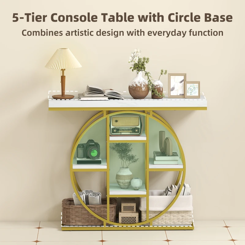 HOMCOM 39.4" Console Table with Storage Shelves, Industrial Sofa Table for Living Room, Hallway, White Marble Effect