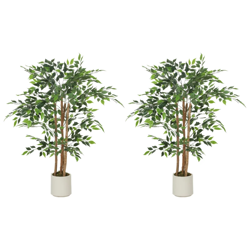 HOMCOM 4FT Artificial Banyan Tree Set of 2, Fake Potted Tree with Solid Wood Trunk and Pot for Indoor