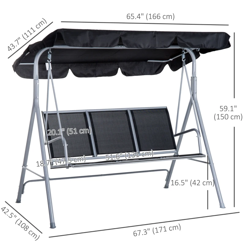 Outsunny 3-Seater Patio Swing, Outdoor Swing Chair, A Frame Porch Swing with Canopy Garden Hammock Glider Bed, Black