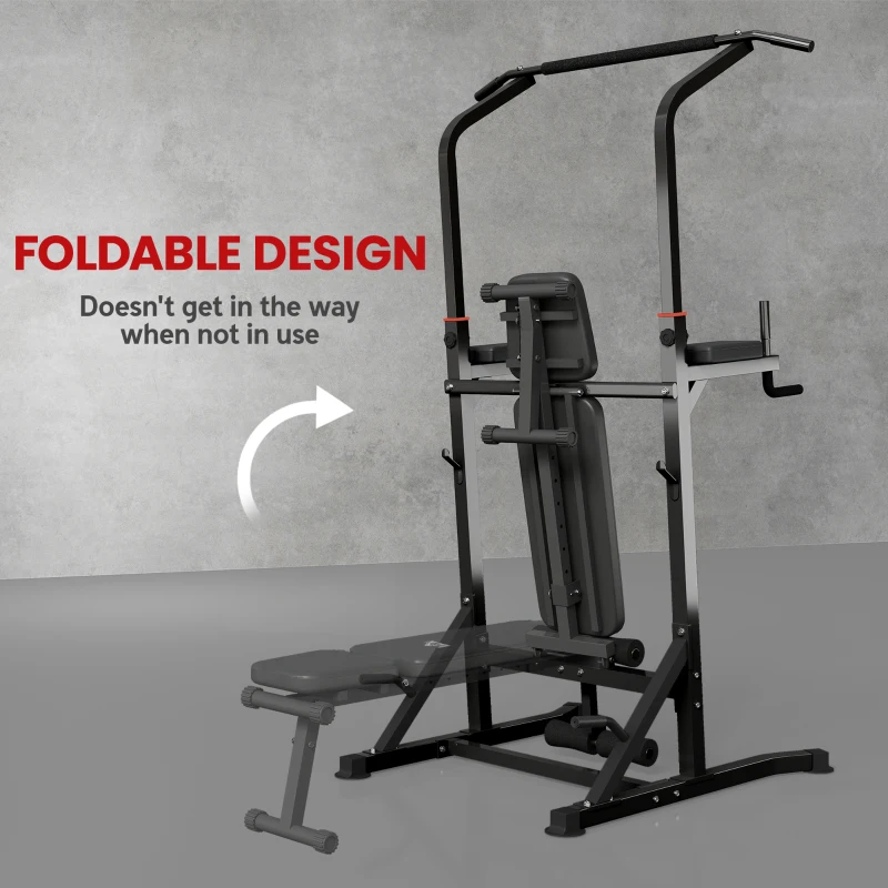 Soozier Foldable Power Tower Pull Up Dip Station with Adjustable Weight Bench for Home Gym Strength Training Fitness