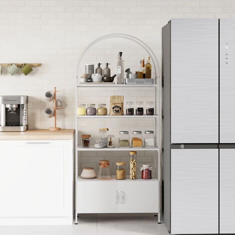 HOMCOM 4-Tier Arched Shelving Unit with Cabinet, Bookshelf for Living Room, Office, 31.5" x 11.8" x 73.6", White