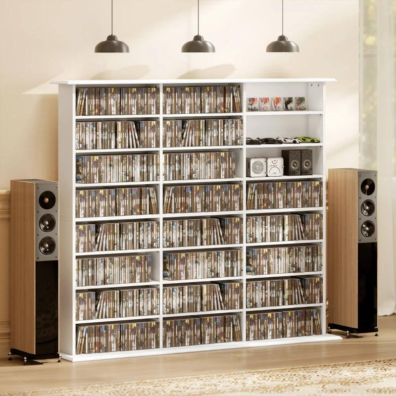 HOMCOM Media Storage Cabinet, 8-Tier DVD Shelf with 18 Adjustable Shelves, Holds 1032 CDs, 594 DVDs or Blu-rays, White