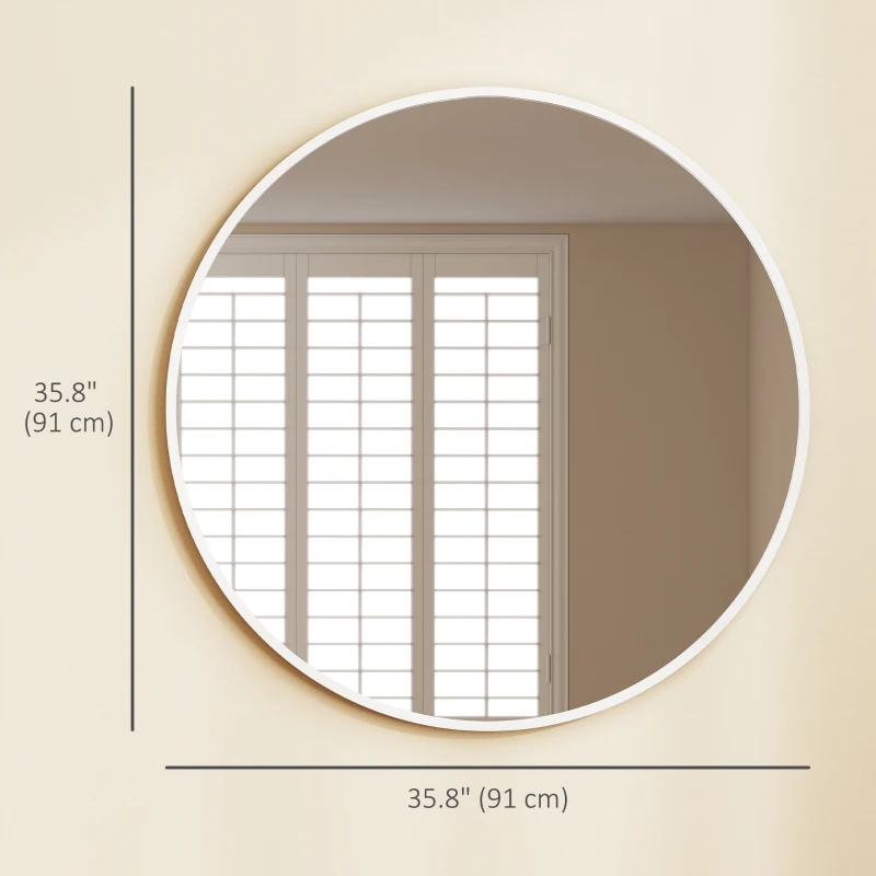 HOMCOM 36" Round Mirror, Bathroom Wall Mirror with Metal Frame, Decorative Vanity Mirror for Living Room, Bedroom, White
