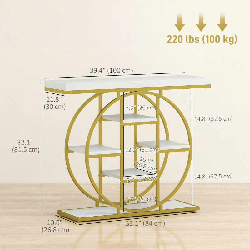 HOMCOM 39.4" Console Table with Storage Shelves, Industrial Sofa Table for Living Room, Hallway, White Marble Effect