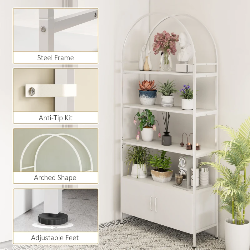 HOMCOM 4-Tier Arched Shelving Unit with Cabinet, Bookshelf for Living Room, Office, 31.5" x 11.8" x 73.6", White