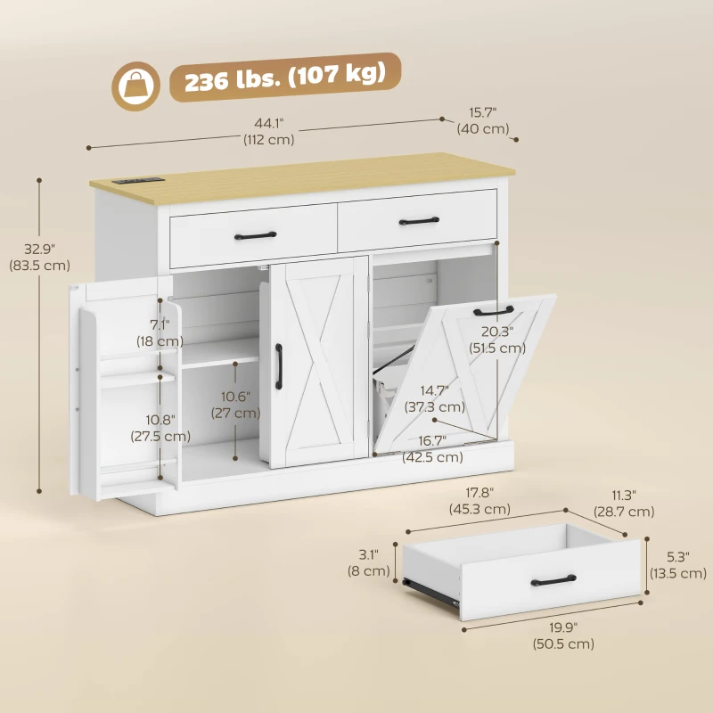 HOMCOM 7 Gallon Tilt Out Garbage Cabinet, Kitchen Island with Charging Station, 2 Drawers, 4 Door Racks, White