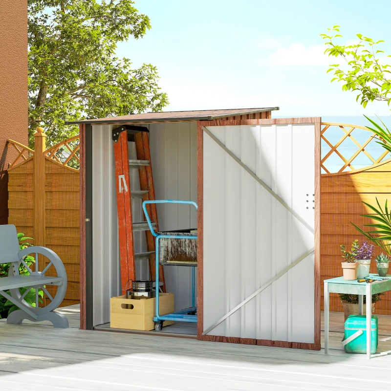 Outsunny 3.3' x 3.4' Lean-to Garden Storage Shed, Outdoor Galvanized Steel Tool House with Lockable Door for Patio, Teak