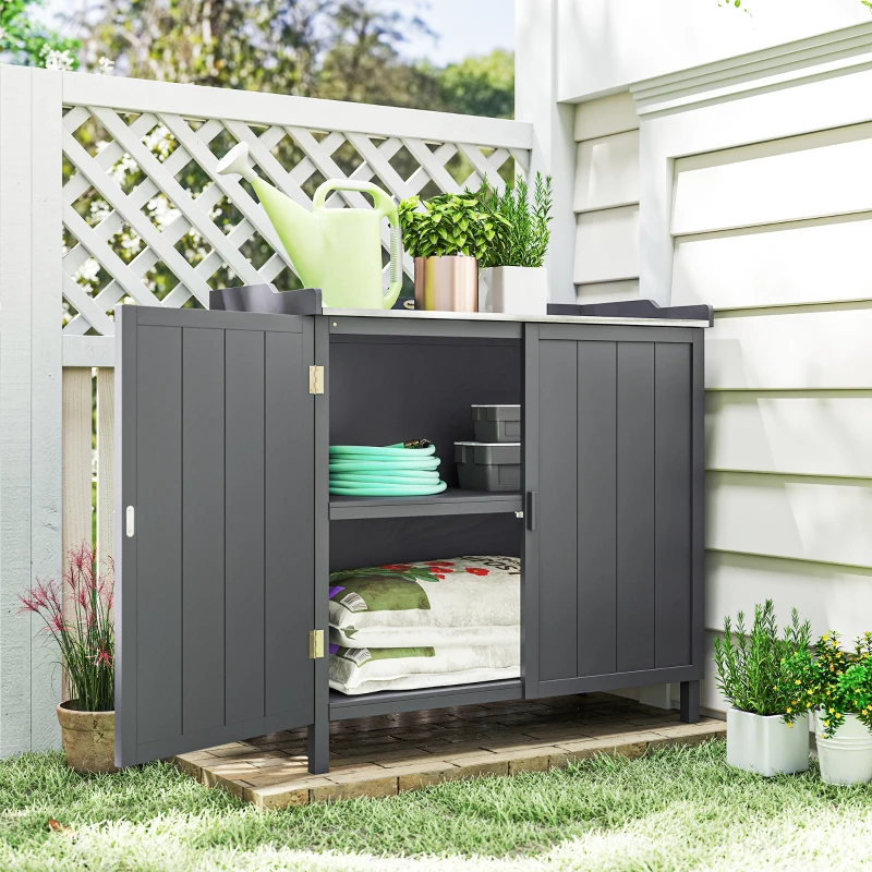 Outsunny Garden Storage Cabinet, Outdoor Potting Bench Table with Galvanized Top and Shelf, Tool Shed with Double Doors, Grey