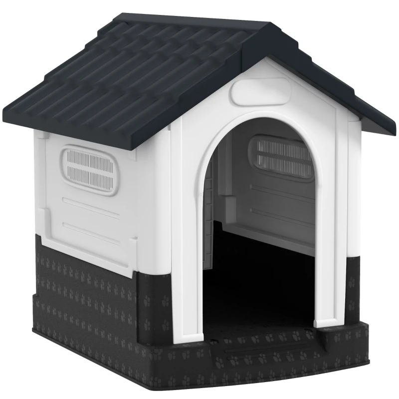 PawHut Outside Dog Kennel House with Windows, Base Support, for Garden Patio, Miniature Dogs, 64.5 x 57 x 66cm, Dark Grey