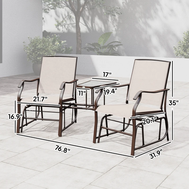 Outsunny Outdoor Glider Chairs with Coffee Table, Patio 2-Seat Rocking Chair Swing Loveseat with Breathable Sling for Backyard, Garden, and Porch, Beige
