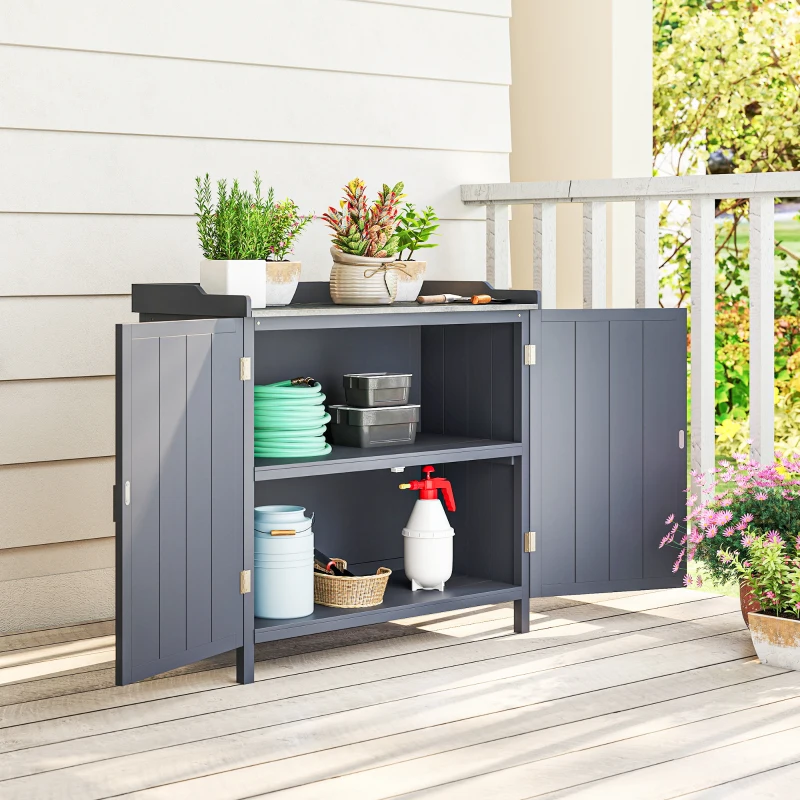 Outsunny Garden Storage Cabinet, Outdoor Potting Bench Table with Galvanized Top and Shelf, Tool Shed with Double Doors, Grey