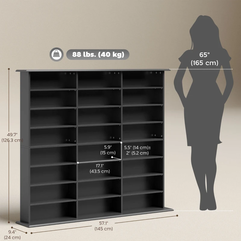 HOMCOM Media Storage Cabinet, 8-Tier DVD Shelf with 18 Adjustable Shelves, Holds 1032 CDs, 594 DVDs or Blu-rays, Black