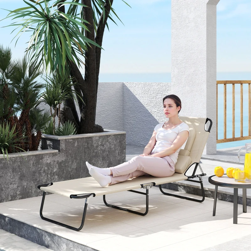 Outsunny Outdoor Lounge Chair, Garden Folding Chaise Lounge w/ Adjustable Backrest, Face Hole and Support Pillow, Beige