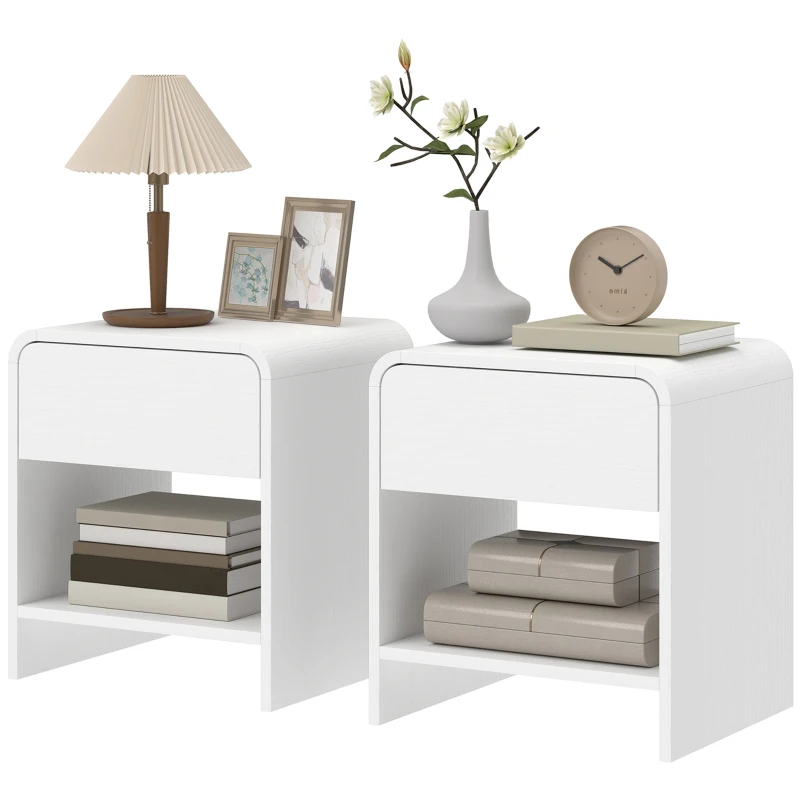 HOMCOM Nightstand Set of 2, Modern Bedside Table with Rounded Corners, Nightstand with Drawer and Open Shelf, Distressed White