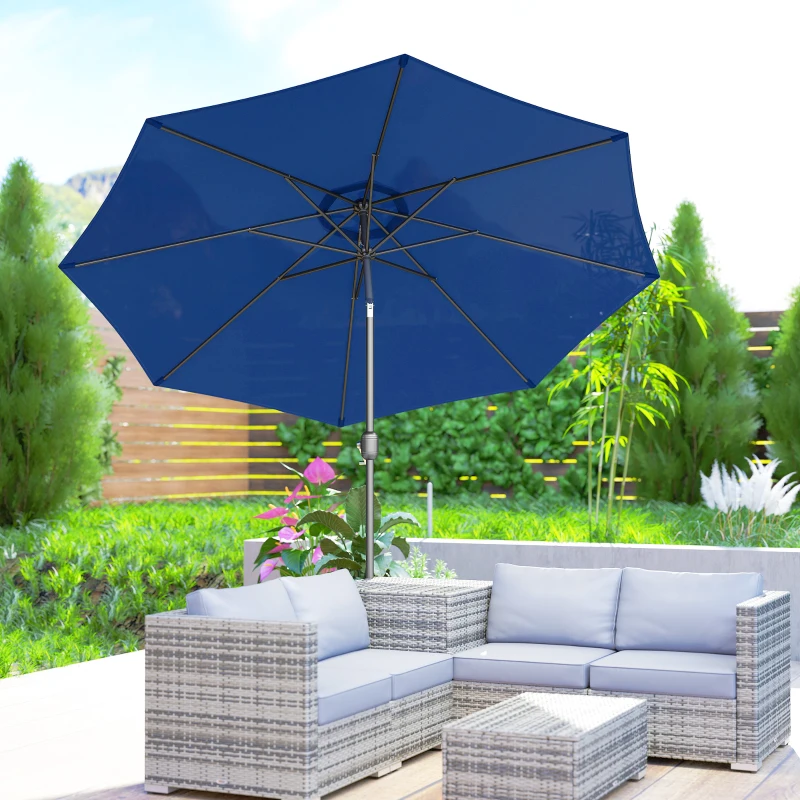 Outsunny 10' x 8' Round Market Umbrella, Patio Umbrella with Crank Handle and Tilt, Outdoor Parasol for Garden, Bench, Lawn, Blue