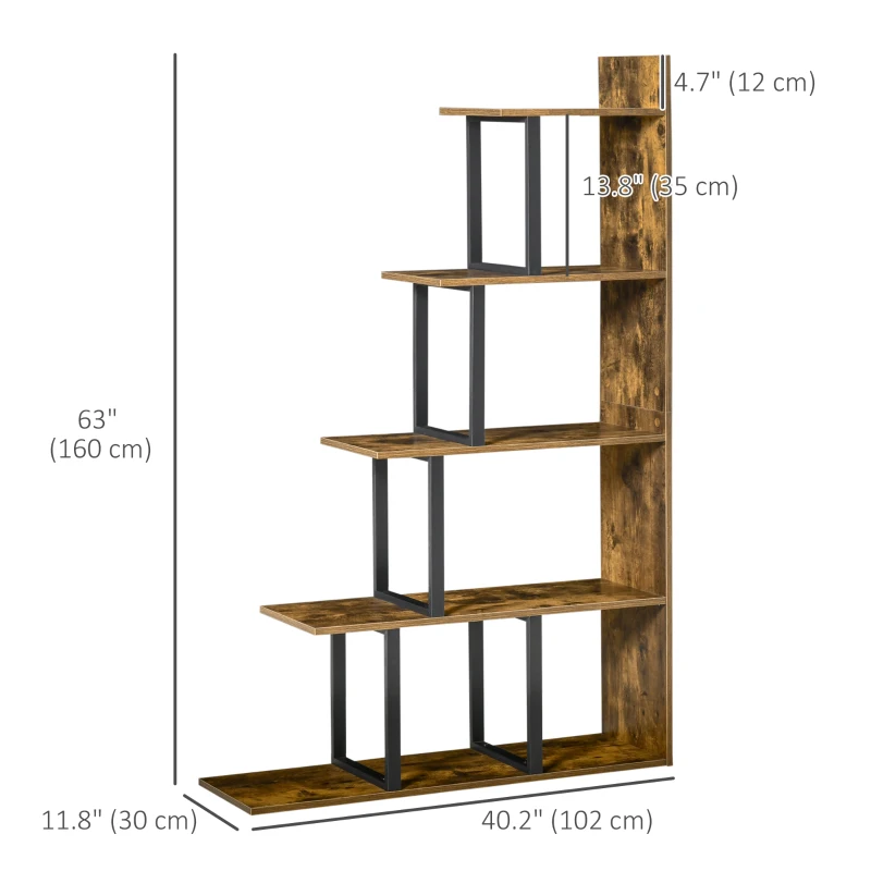 HOMCOM 5-Tier Ladder Bookshelf, Wooden Ladder Bookshelf, Display Stand Organizer for Living Room Indoor Corner Shelf - Rustic Brown