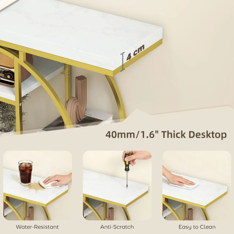 HOMCOM 39.4" Console Table with Storage Shelves, Industrial Sofa Table for Living Room, Hallway, White Marble Effect