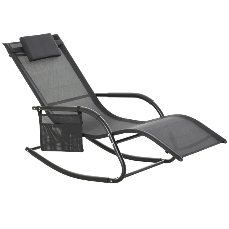 Outsunny Patio Rocking Chair with Mesh Fabric, Outdoor Rocking Sling Sun Lounger with Removable Headrest and Side Pocket for Garden, Deck, Lawn, Black