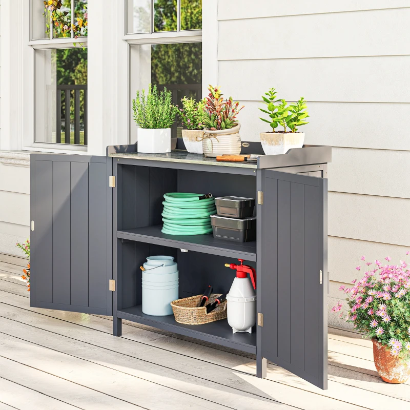 Outsunny Garden Storage Cabinet, Outdoor Potting Bench Table with Galvanized Top and Shelf, Tool Shed with Double Doors, Grey