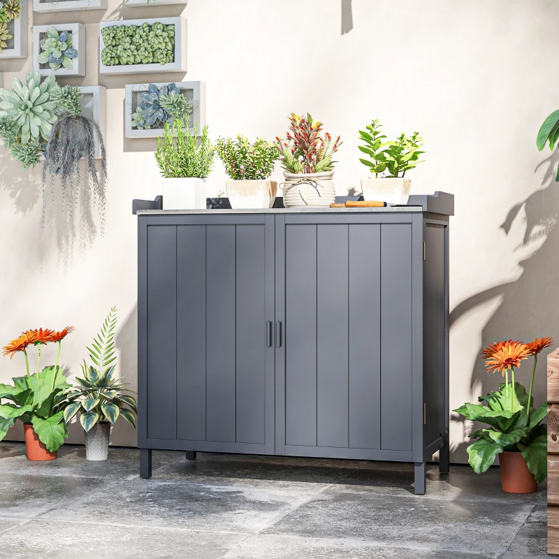 Outsunny Garden Storage Cabinet, Outdoor Potting Bench Table with Galvanized Top and Shelf, Tool Shed with Double Doors, Grey
