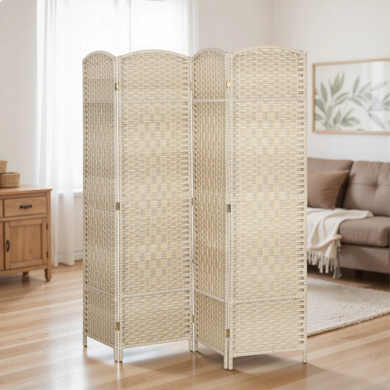 HOMCOM 6 Ft Tall Folding Room Divider, 4 Panel Portable Privacy Screen, Hand-Woven Partition Wall Divider, Light Oak
