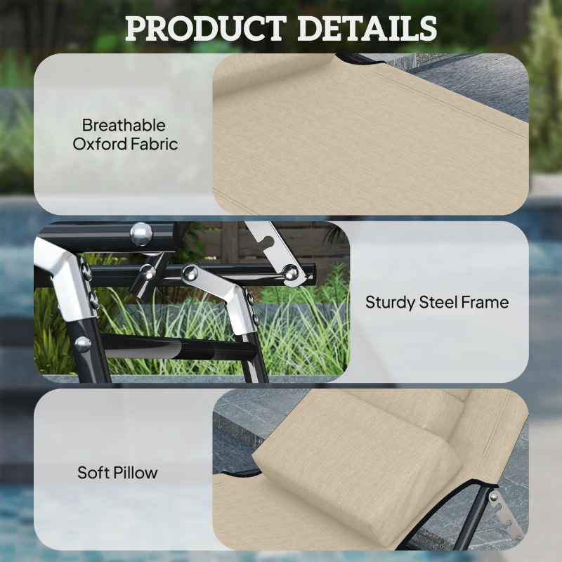 Outsunny Outdoor Lounge Chair, Garden Folding Chaise Lounge w/ Adjustable Backrest, Face Hole and Support Pillow, Beige