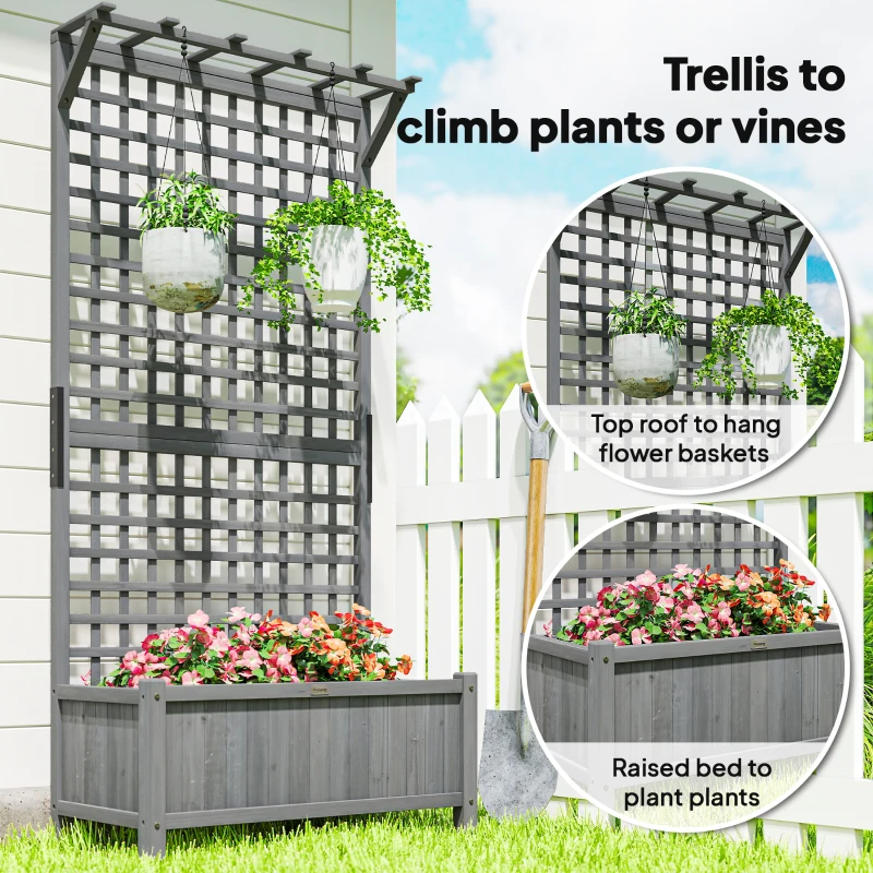 Outsunny Wood Planter with Trellis for Vine Climbing, Raised Garden Bed, Privacy Screen for Backyard, Patio, Deck, Dark Grey