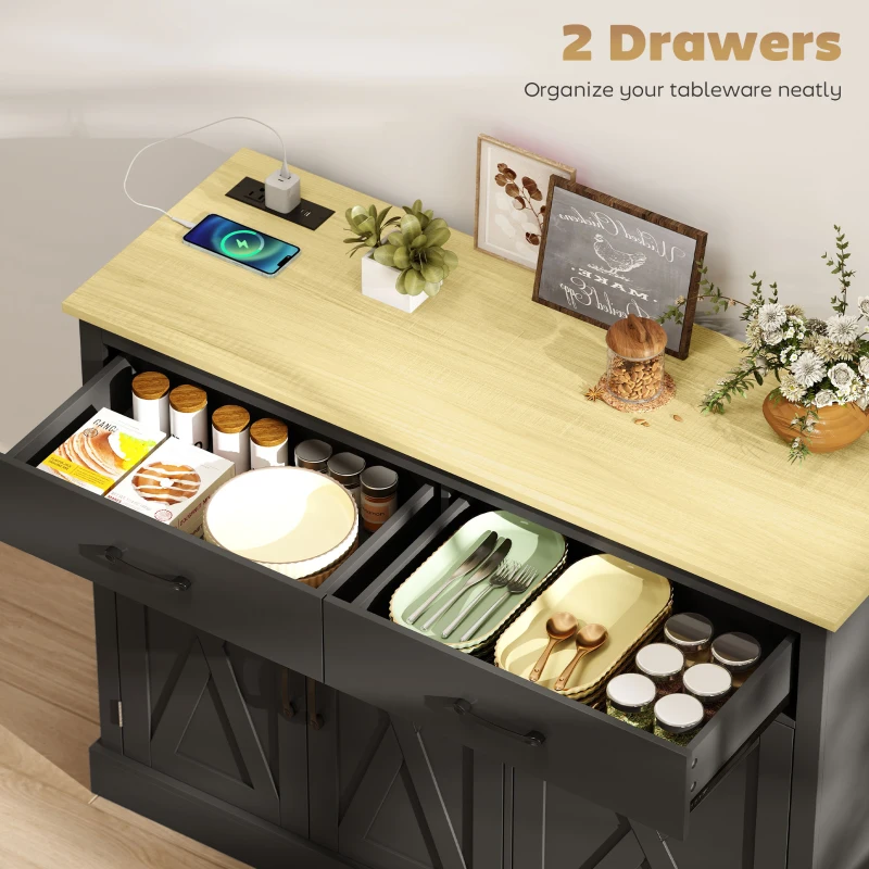 HOMCOM 7 Gallon Tilt Out Garbage Cabinet, Kitchen Island with Charging Station, 2 Drawers, 4 Door Racks, Black