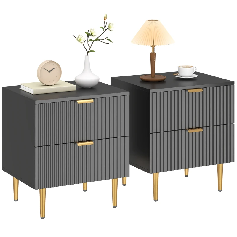 HOMCOM Bedside Table Set of 2, Modern Nightstand with 2 Drawers, Side End Table with Metal Legs for Living Room, Bedroom, Black