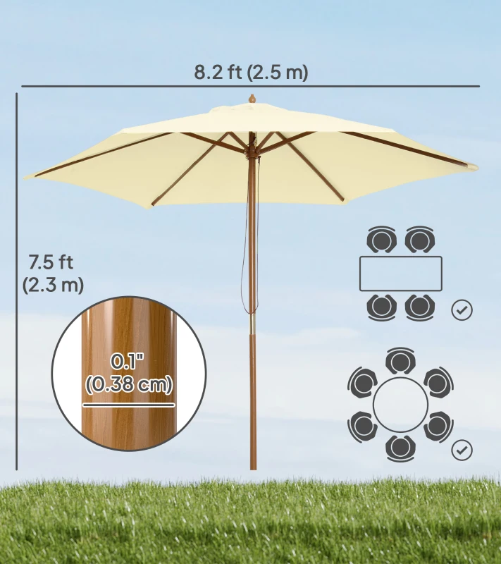 Outsunny 8FT Wood Market Umbrella Patio Umbrella Round Garden Parasol Canopy with Bamboo Ribs and Top Vent, Cream White