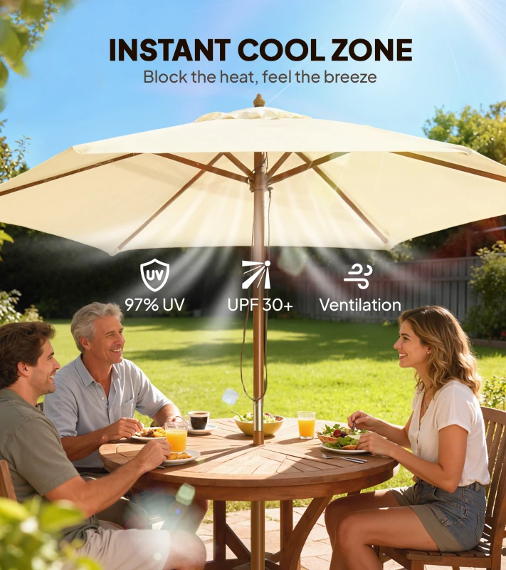 Outsunny 8FT Wood Market Umbrella Patio Umbrella Round Garden Parasol Canopy with Bamboo Ribs and Top Vent, Cream White