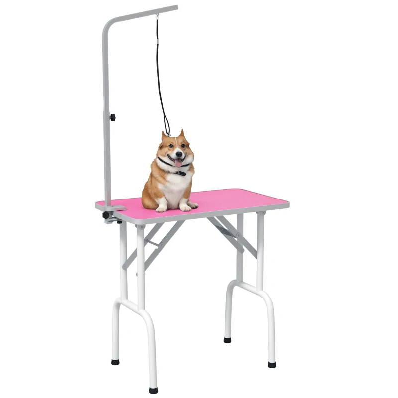 PawHut Foldable Pet Grooming Table for Dogs Cats with Adjustable Arm, Non-slip Surface, Pink