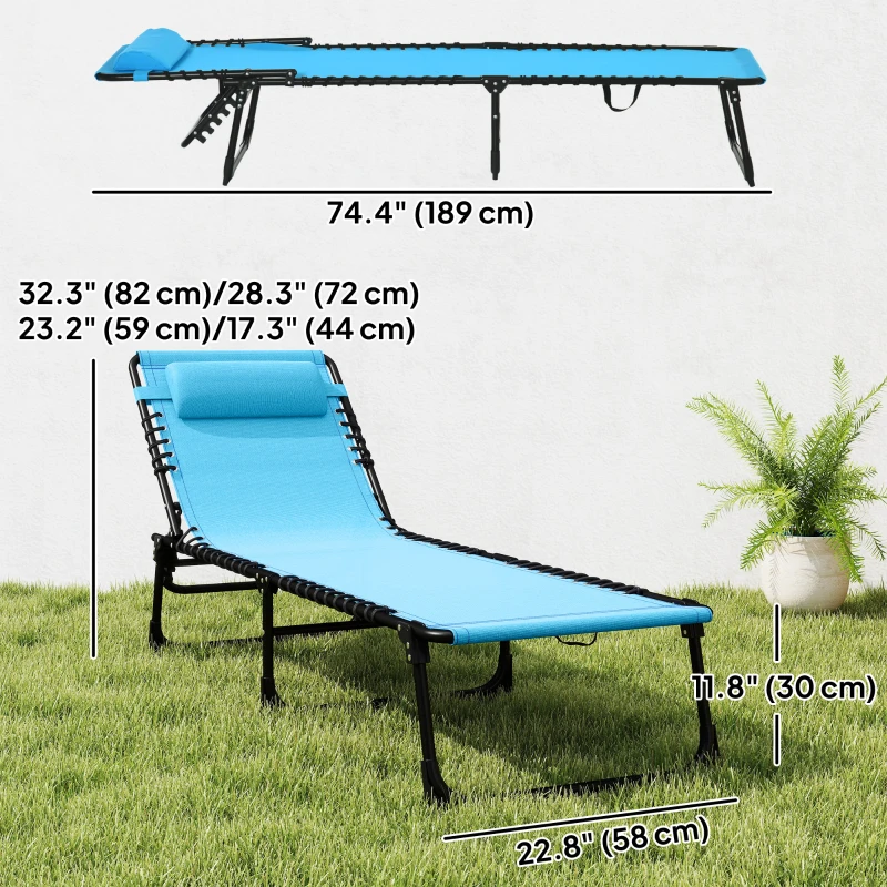 Outsunny Outdoor Folding Lounge Chair, 4-Level Adjustable Chaise Lounge with Headrest, Tanning Chair Beach Bed, Reclining Lounger Cot for Camping, Hiking, Backyard, Sky Blue